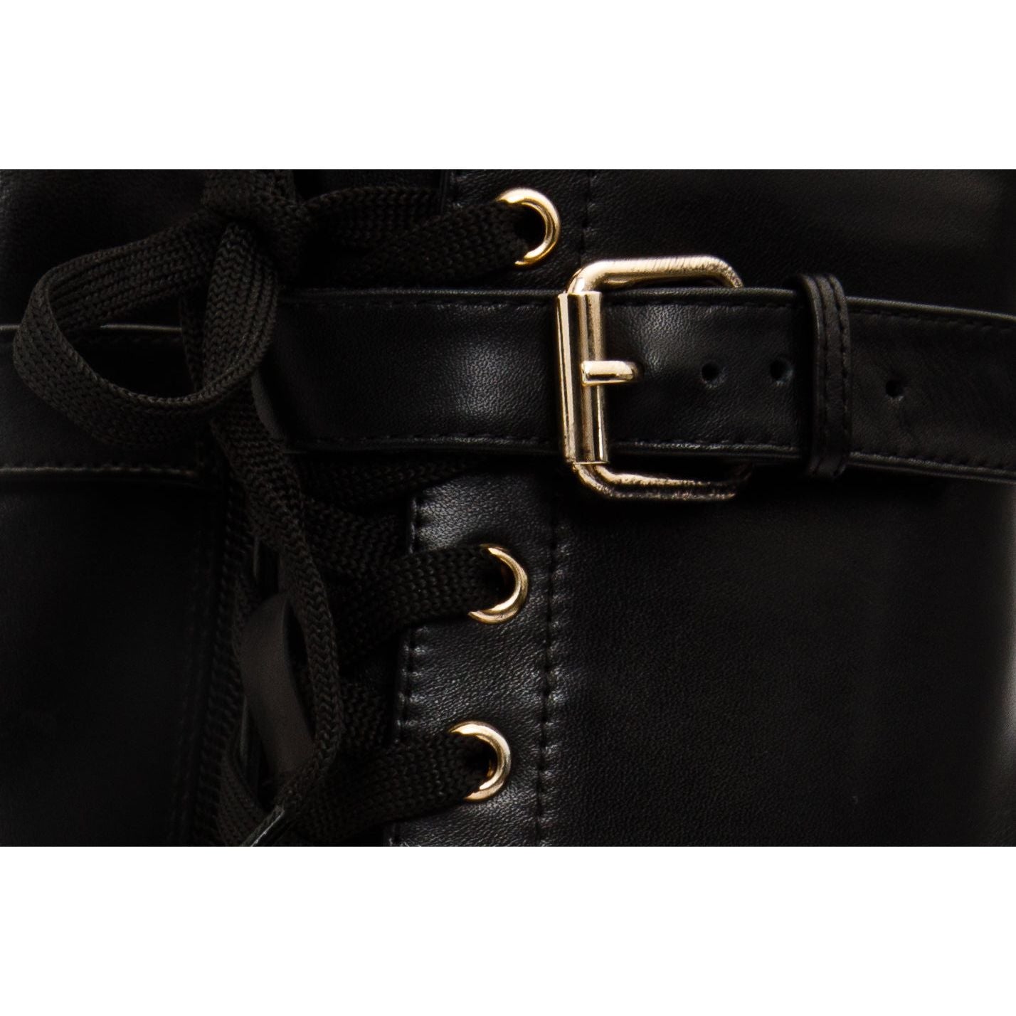 The Estrada Black Leather Lace-Up Platform Heel Mid Calf Women Boot