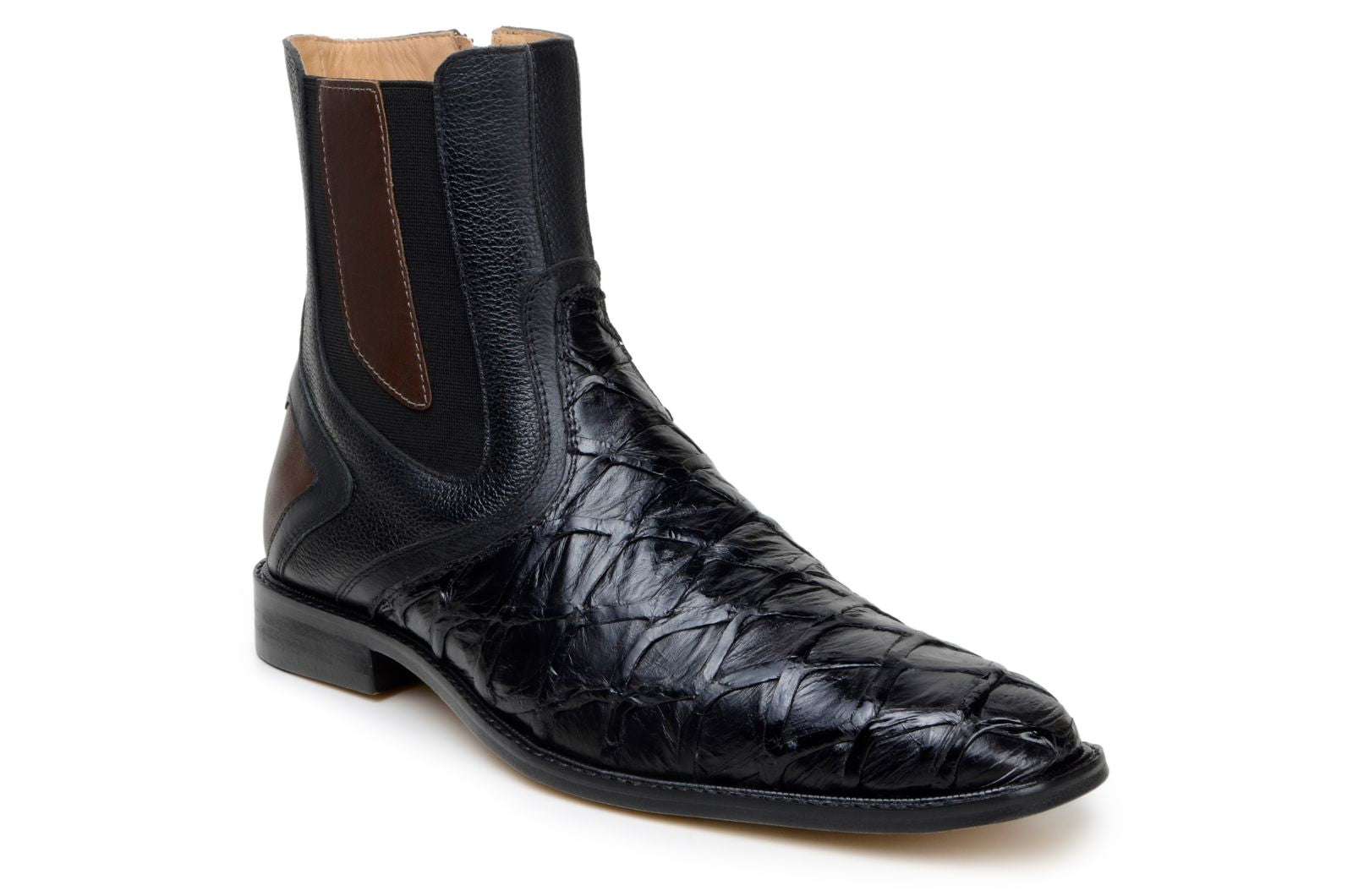 Belvedere Lima Genuine Pirarucu Skin and Pebble Grain Calf Chukka Zipper Boots Black