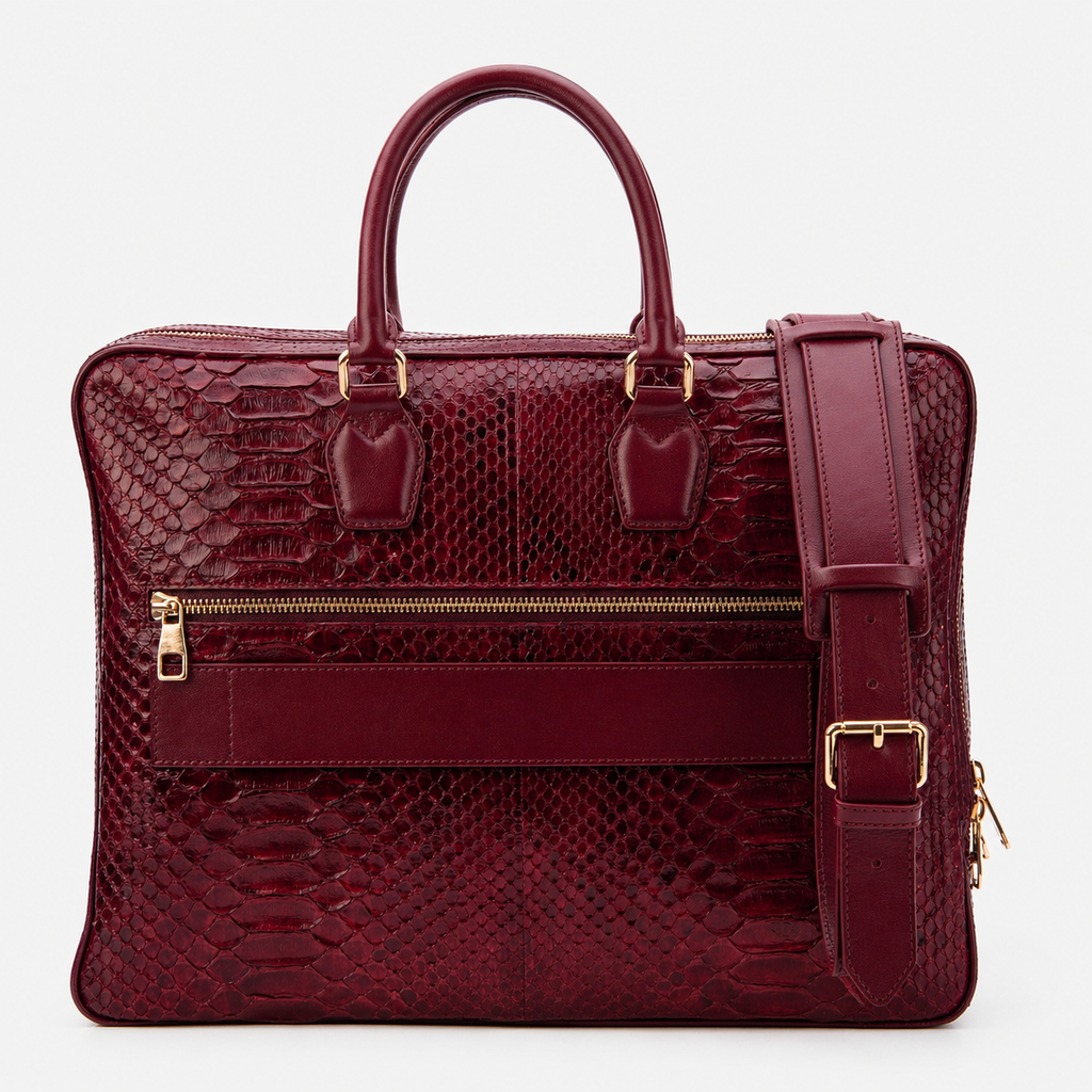 The Cortona Burgundy Snake Leather Men’s Laptop Briefcase