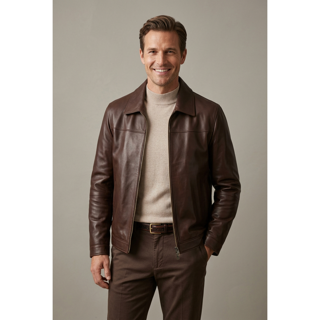 Men's VIA CONDOTTI Fine Lamb Skin Leather Zipper Jacket 8614 Cognac Brown
