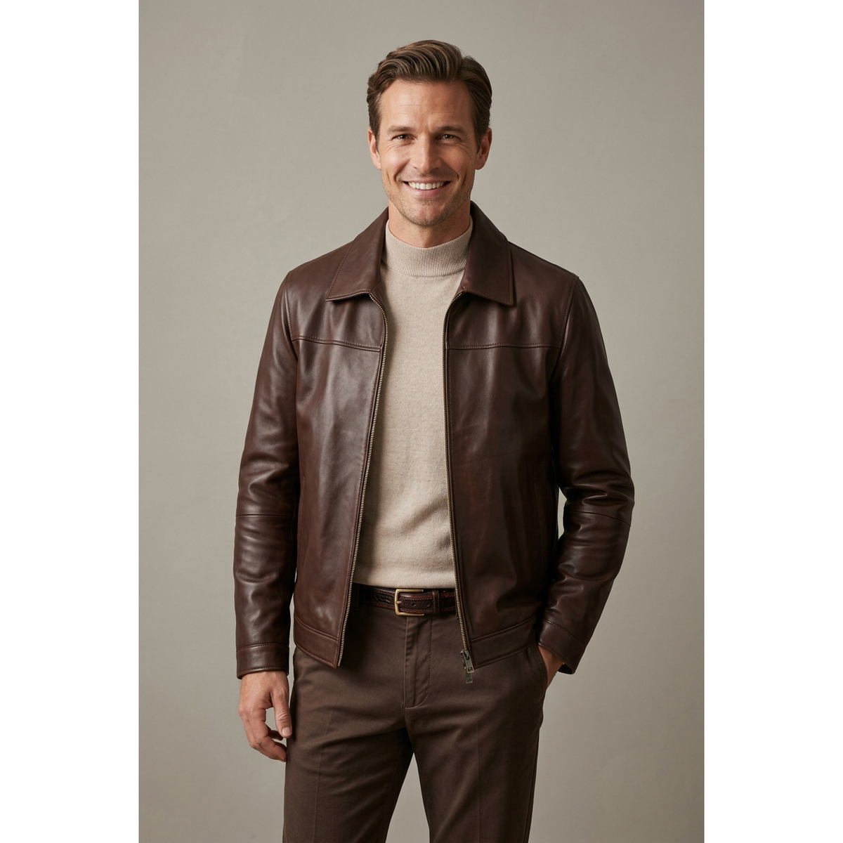 Men's VIA CONDOTTI Fine Lamb Skin Leather Zipper Jacket 8614 Cognac Brown