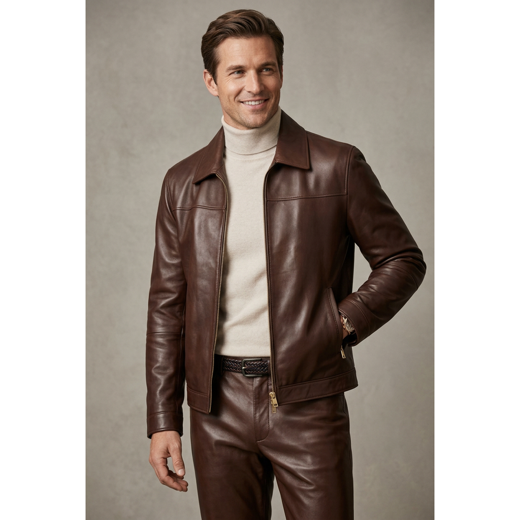 Men's VIA CONDOTTI Fine Lamb Skin Leather Zipper Jacket 8614 Cognac Brown
