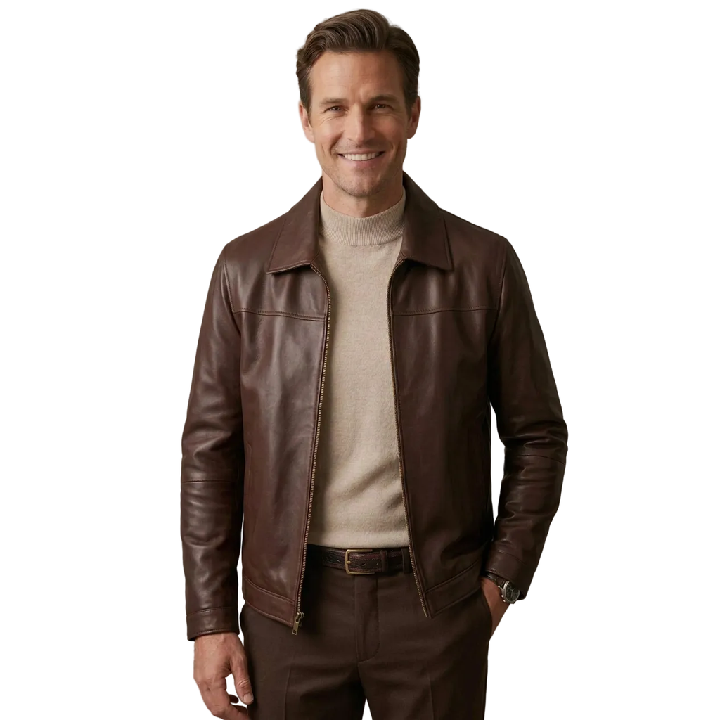 Men's VIA CONDOTTI Fine Lamb Skin Leather Zipper Jacket 8614 Cognac Brown