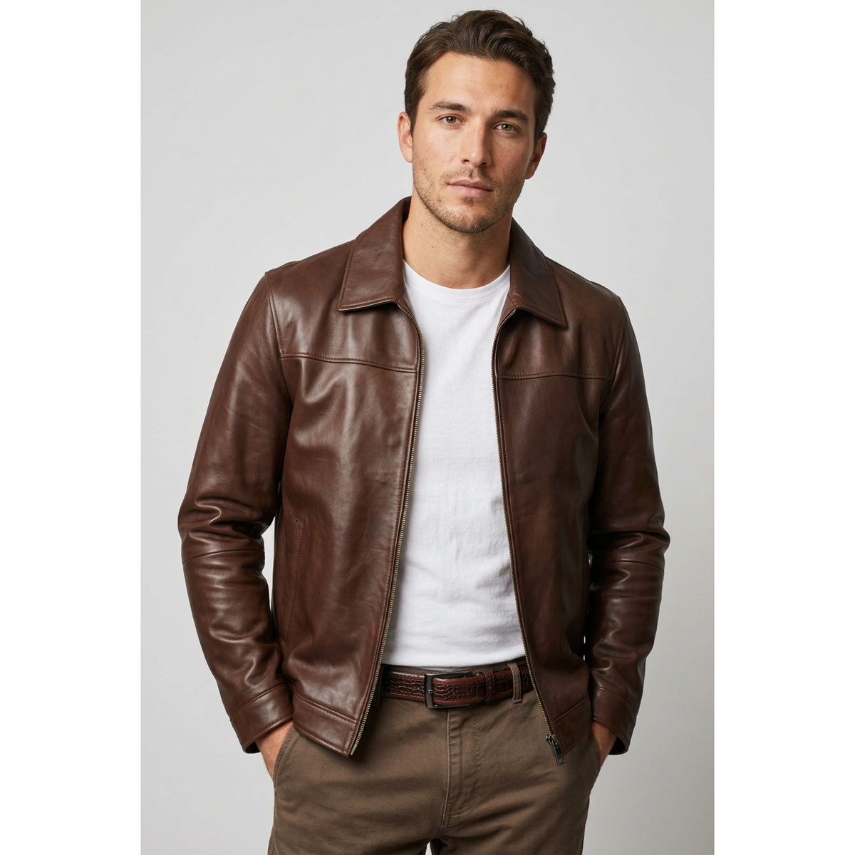 Men's VIA CONDOTTI Fine Lamb Skin Leather Zipper Jacket 8614 Cognac Brown