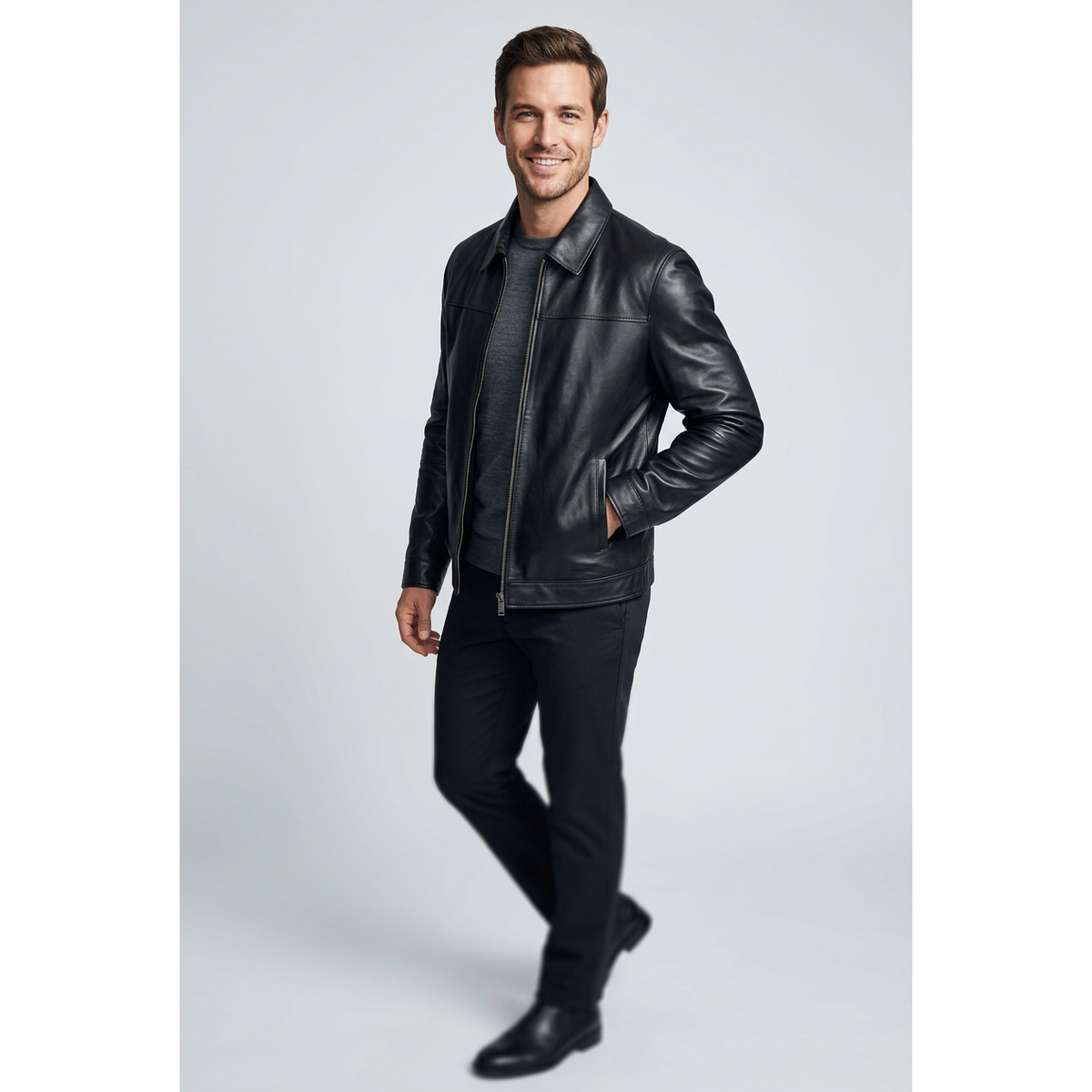 Men's VIA CONDOTTI Fine Lamb Skin Leather Zipper Jacket 8614 Black