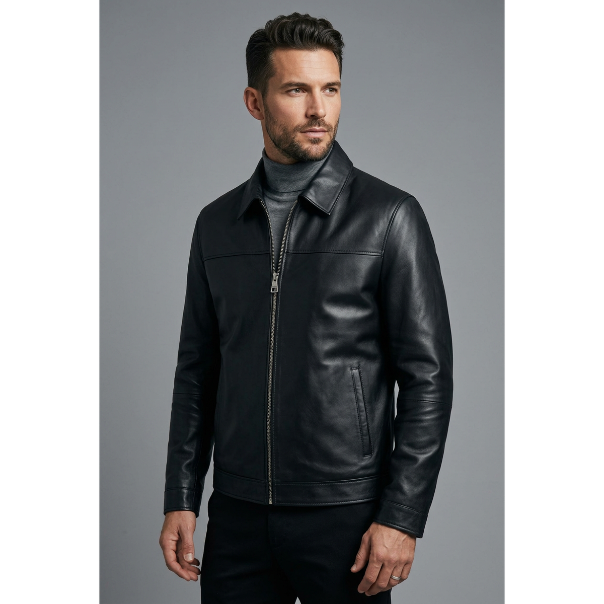 Men's VIA CONDOTTI Fine Lamb Skin Leather Zipper Jacket 8614 Black
