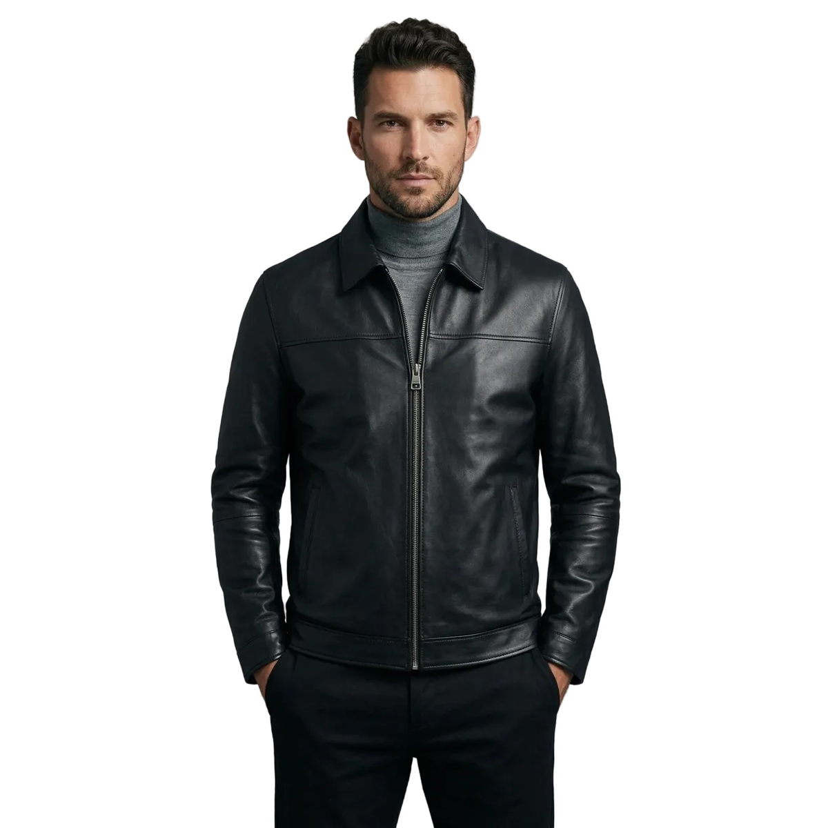 Men's VIA CONDOTTI Fine Lamb Skin Leather Zipper Jacket 8614 Black