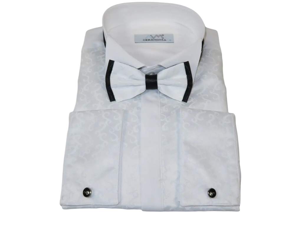 Men CEREMONIA Formal Cotton Shirt Wingtip Slim Fit Turkey #90003 White Floral