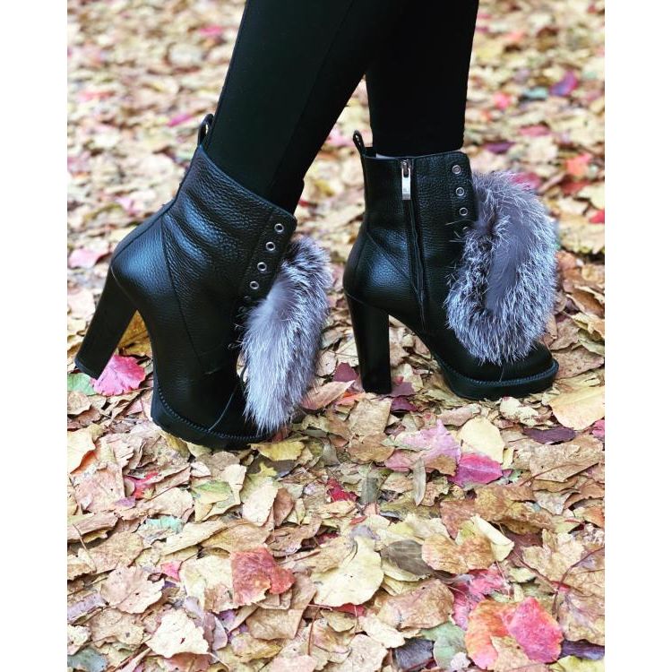 The Melo Black Leather Natural Fur Mid Calf Platform Heel Women Boot