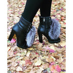 The Melo Black Leather Natural Fur Mid Calf Platform Heel Women Boot