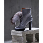 The Melo Gray Leather Natural Fur Mid Calf Platform Heel Women Boot