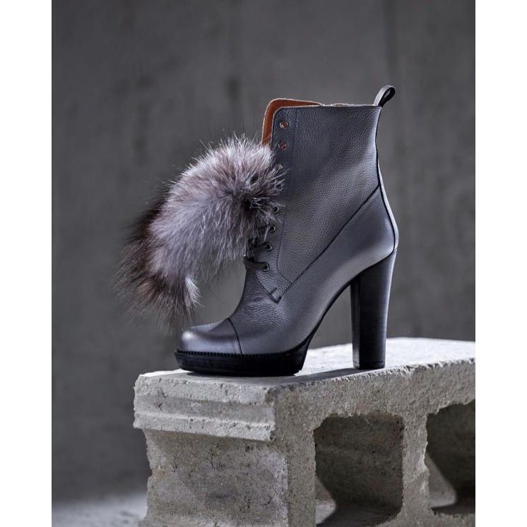 The Melo Gray Leather Natural Fur Mid Calf Platform Heel Women Boot