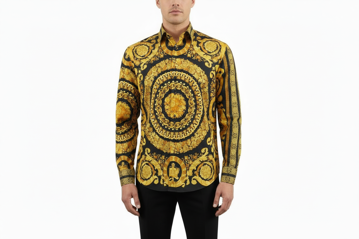 Men's AVM Crystal Shirt Medallion Medusa Cotton Turkey Slim Fit 9628-01 Gold