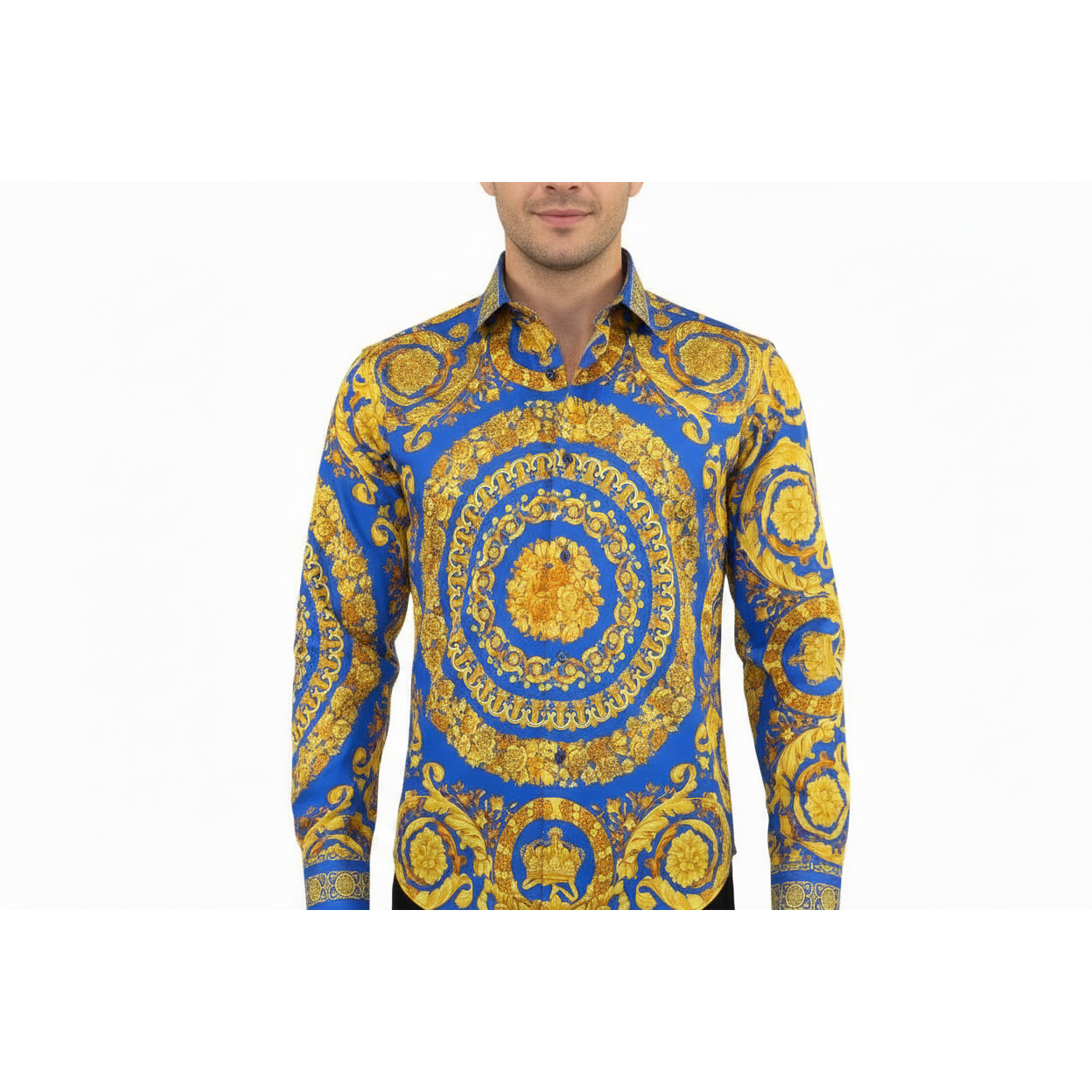 Men's AVM Crystal Shirt Medallion Medusa Cotton Slim Fit 9628-06 Royal Blue