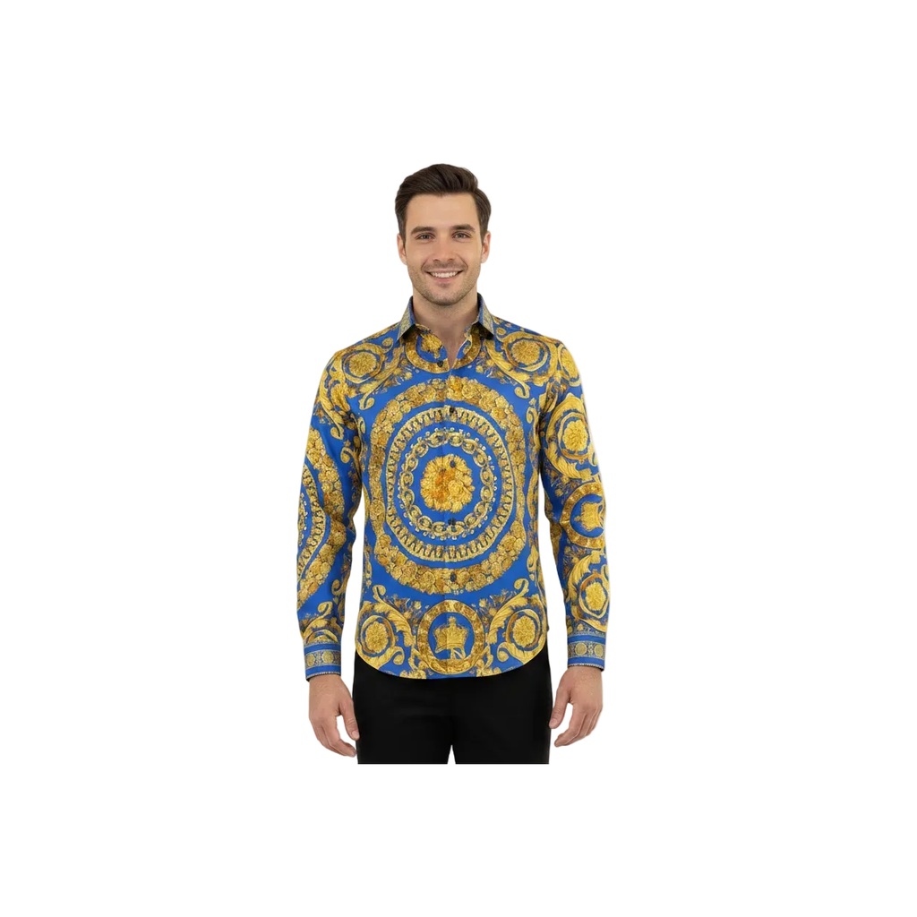 Men's AVM Crystal Shirt Medallion Medusa Cotton Slim Fit 9628-06 Royal Blue