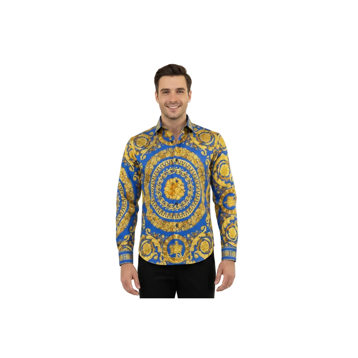 Men's AVM Crystal Shirt Medallion Medusa Cotton Slim Fit 9628-06 Royal Blue