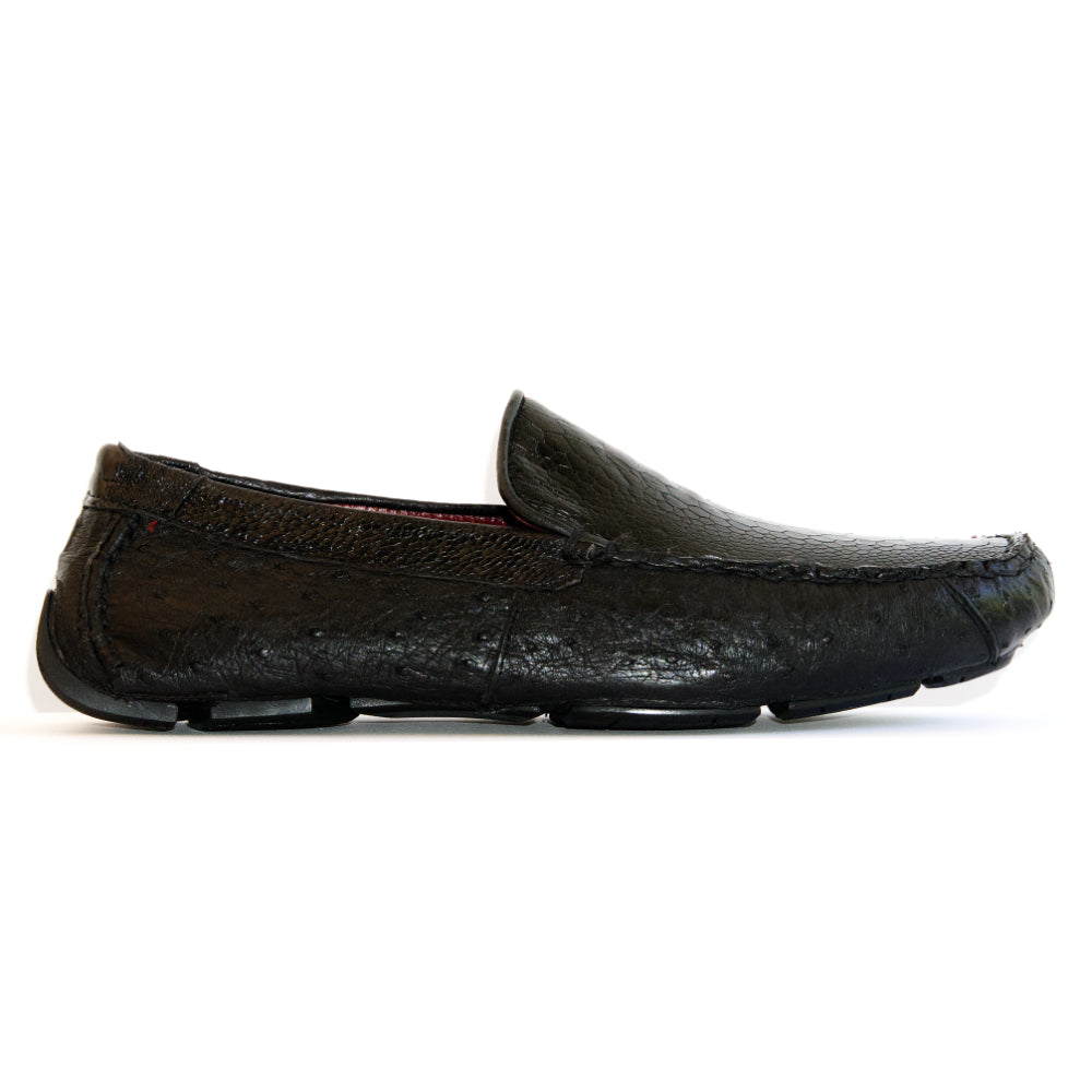 Genuine Ostrich and Ostrich Leg Exotic Driver Shoes Alba Black