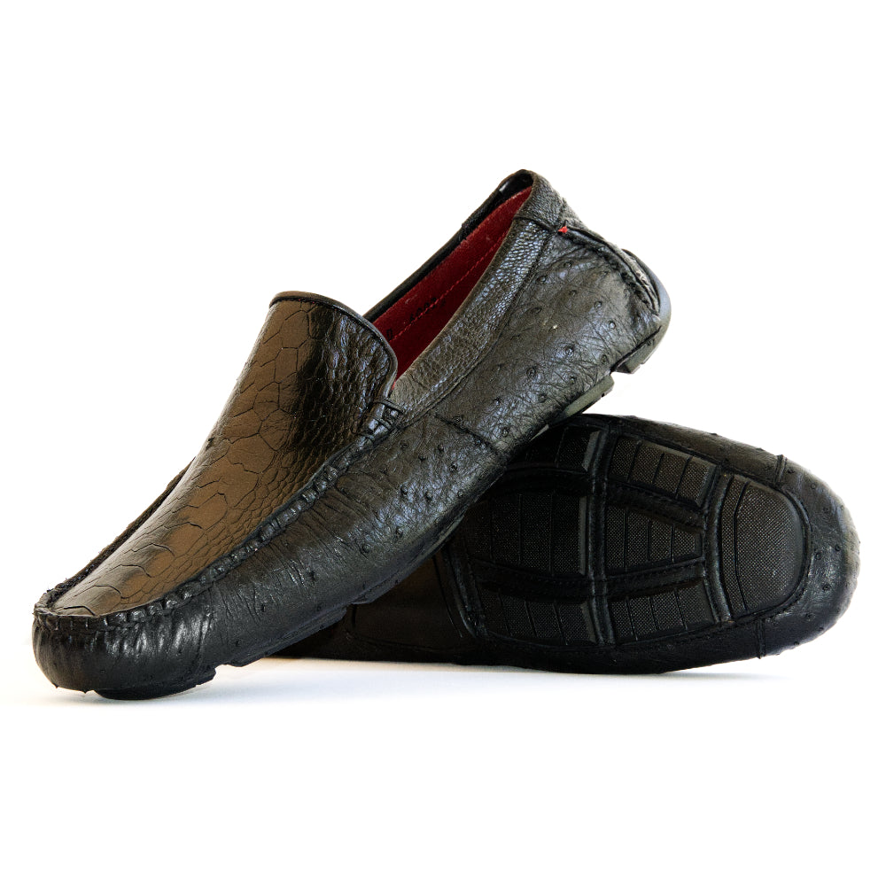 Genuine Ostrich and Ostrich Leg Exotic Driver Shoes Alba Black