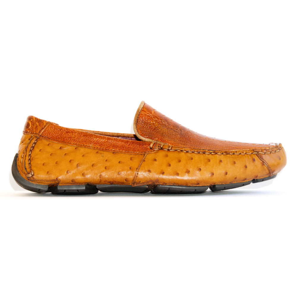 Genuine Ostrich and Ostrich Leg Exotic Driver Shoes Alba Brandy