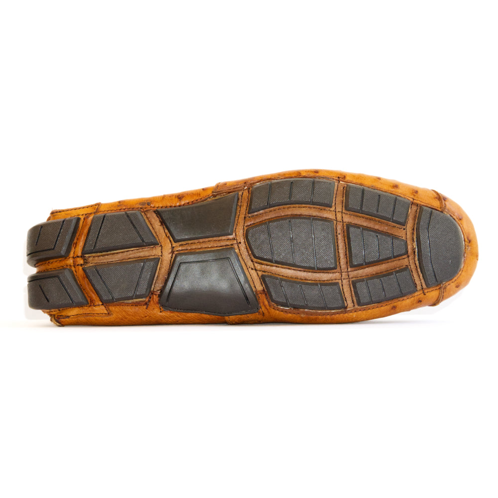 Genuine Ostrich and Ostrich Leg Exotic Driver Shoes Alba Brandy