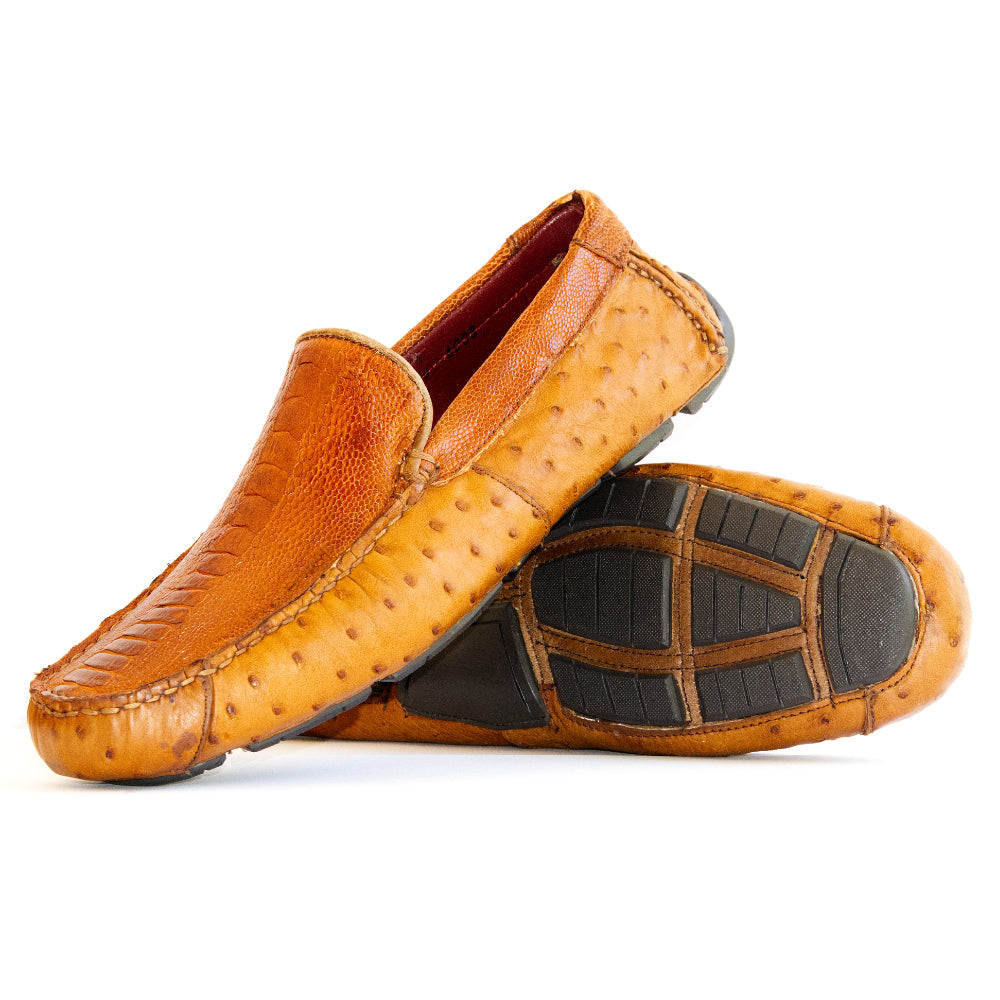 Genuine Ostrich and Ostrich Leg Exotic Driver Shoes Alba Brandy