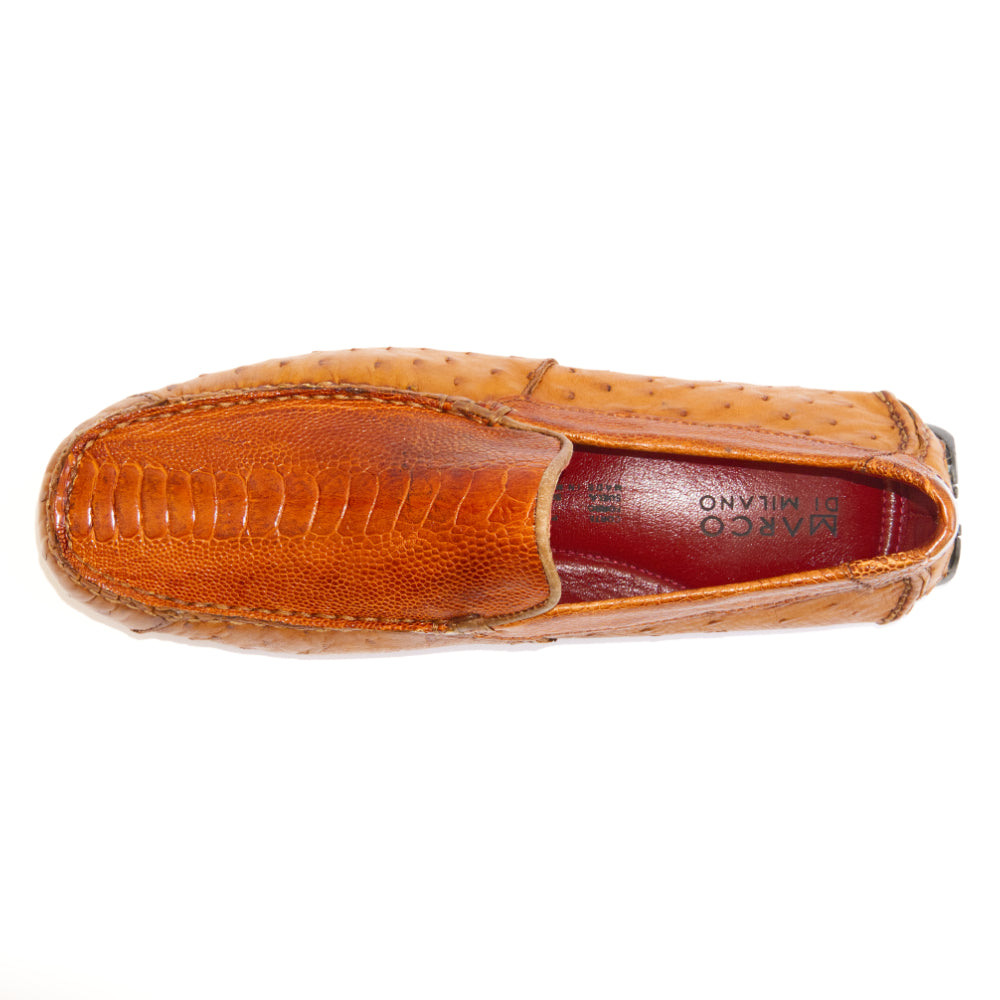Genuine Ostrich and Ostrich Leg Exotic Driver Shoes Alba Brandy