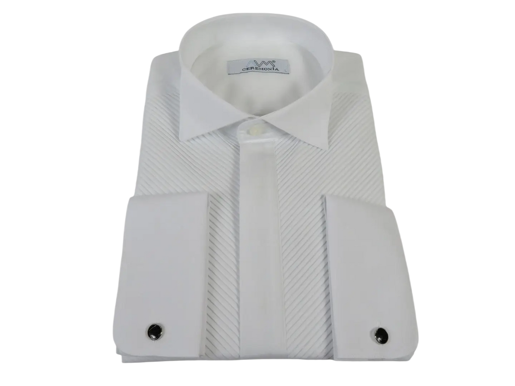 Men CEREMONIA Formal Cotton Shirt Wingtip Slim Fit Turkey #ATC 13 White Pleated