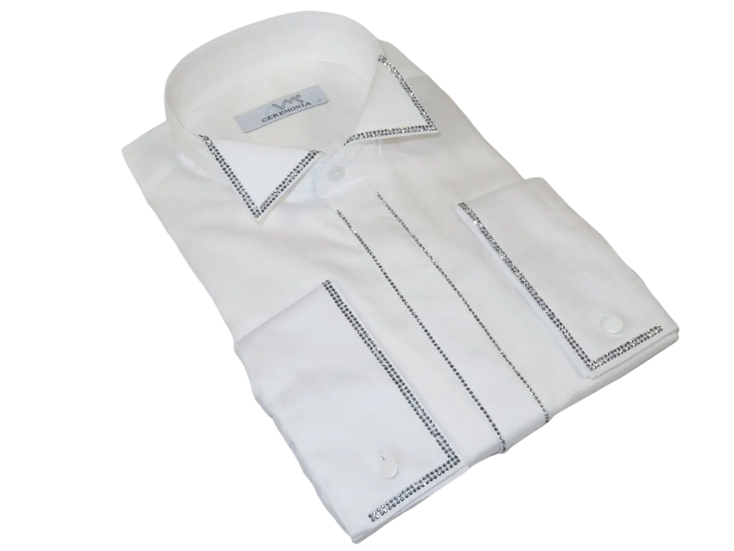 Men CEREMONIA Formal Cotton Shirt Rhinestone Slim Fit Turkey #ATS 13 White