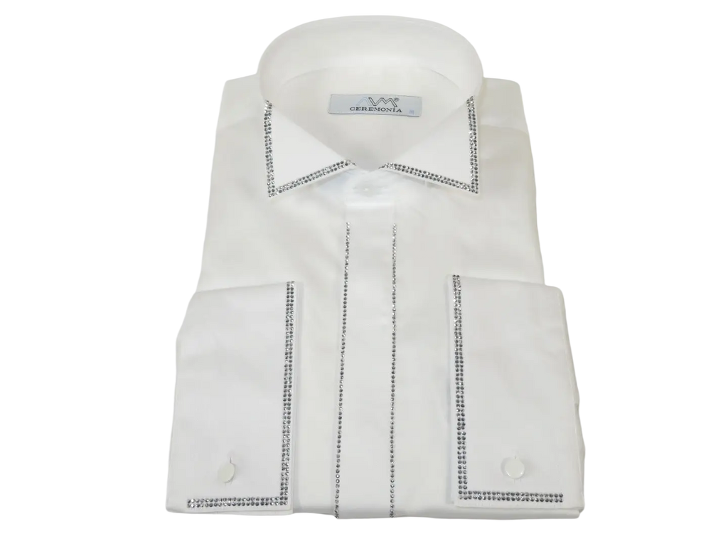 Men CEREMONIA Formal Cotton Shirt Rhinestone Slim Fit Turkey #ATS 13 White