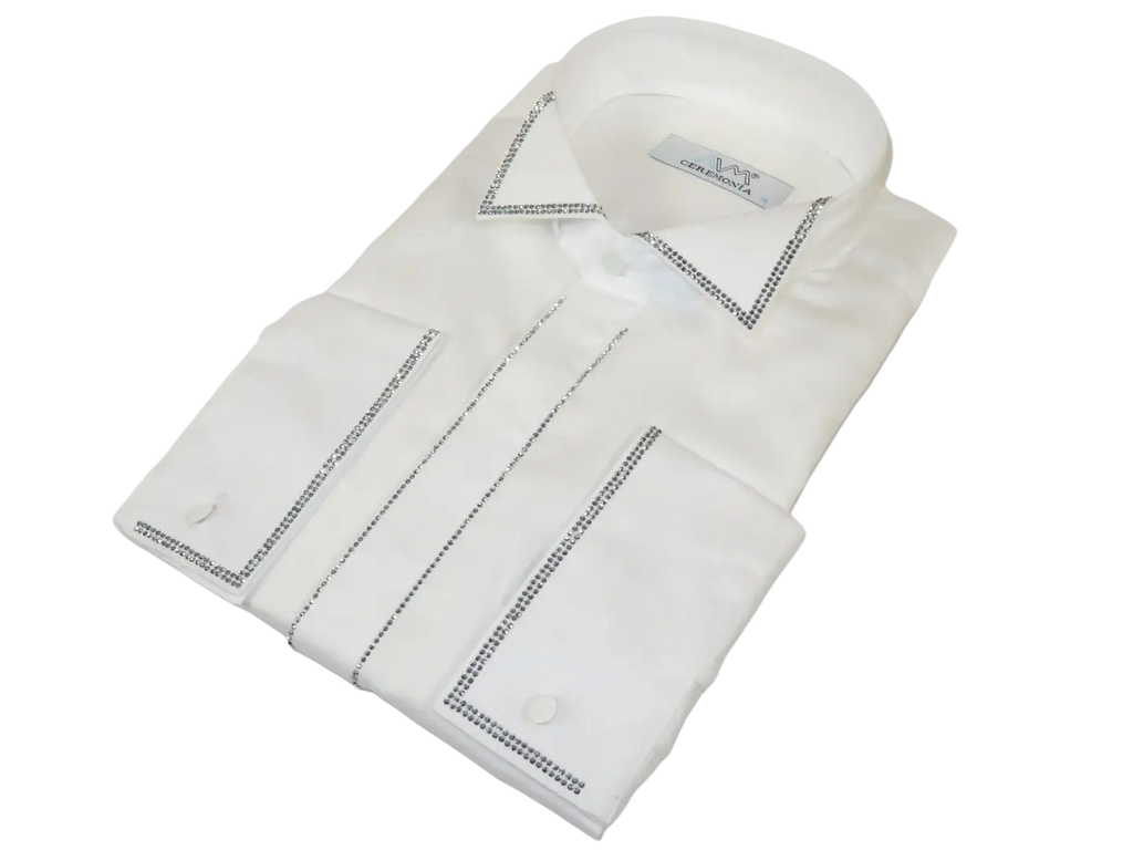 Men CEREMONIA Formal Cotton Shirt Rhinestone Slim Fit Turkey #ATS 13 White