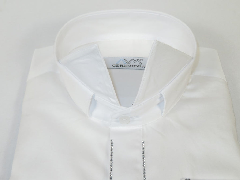 Men CEREMONIA Formal Cotton Shirt Rhinestone Slim Fit Turkey #ATS 13 White