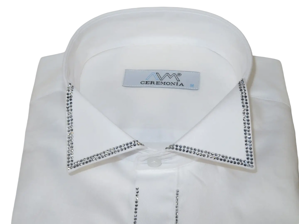 Men CEREMONIA Formal Cotton Shirt Rhinestone Slim Fit Turkey #ATS 13 White