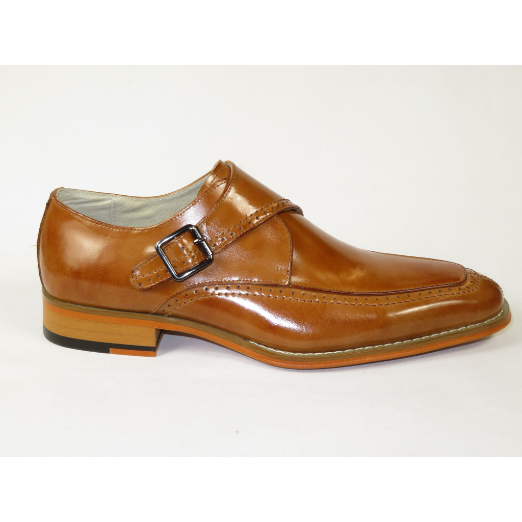 Men's Giovanni Shoes High Quality Leather Monk Strap Buckle AMATO Tan