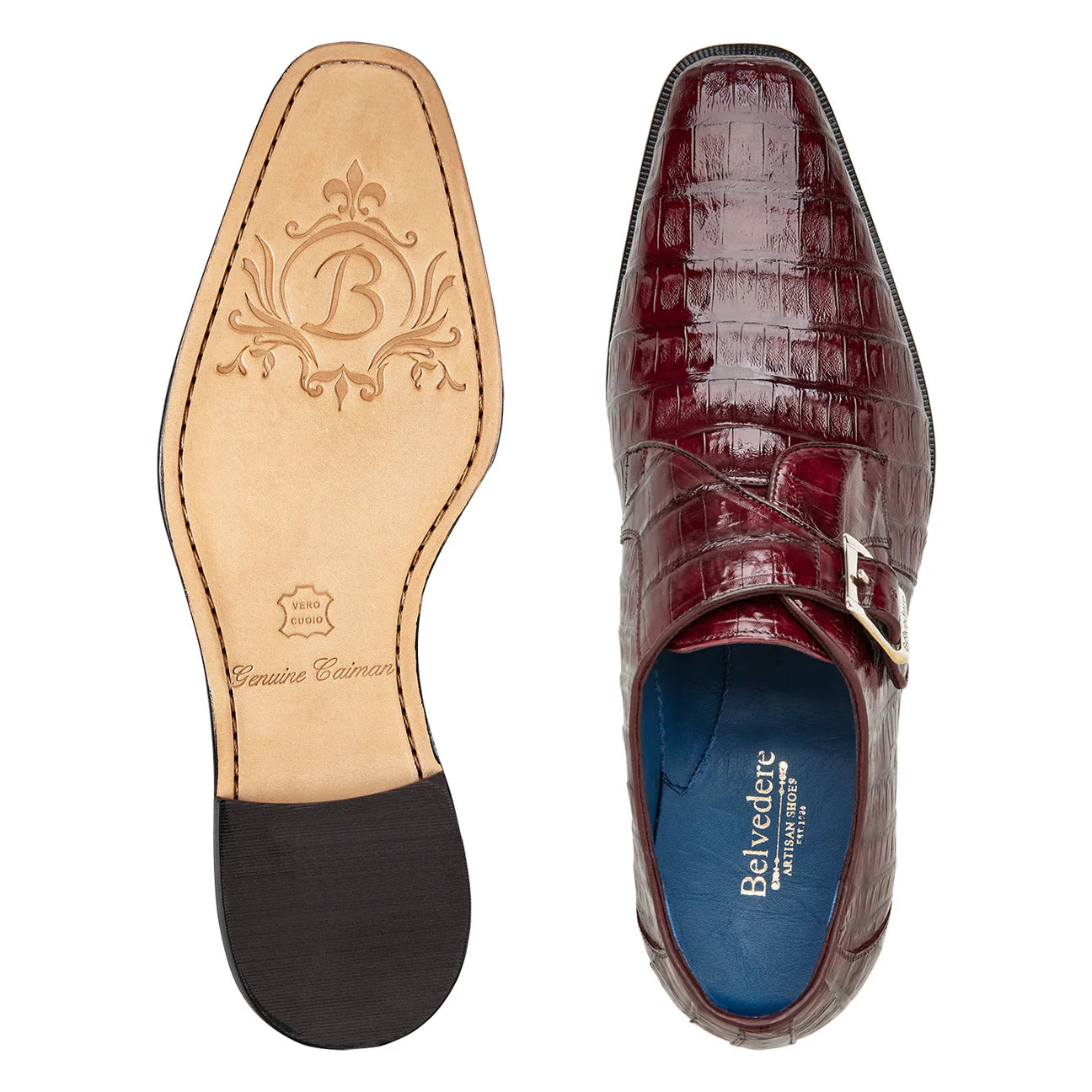 Belvedere Shoes Genuine Caiman Crocodile Single Buckle Monk-strap R99 Angelo DK Burgundy