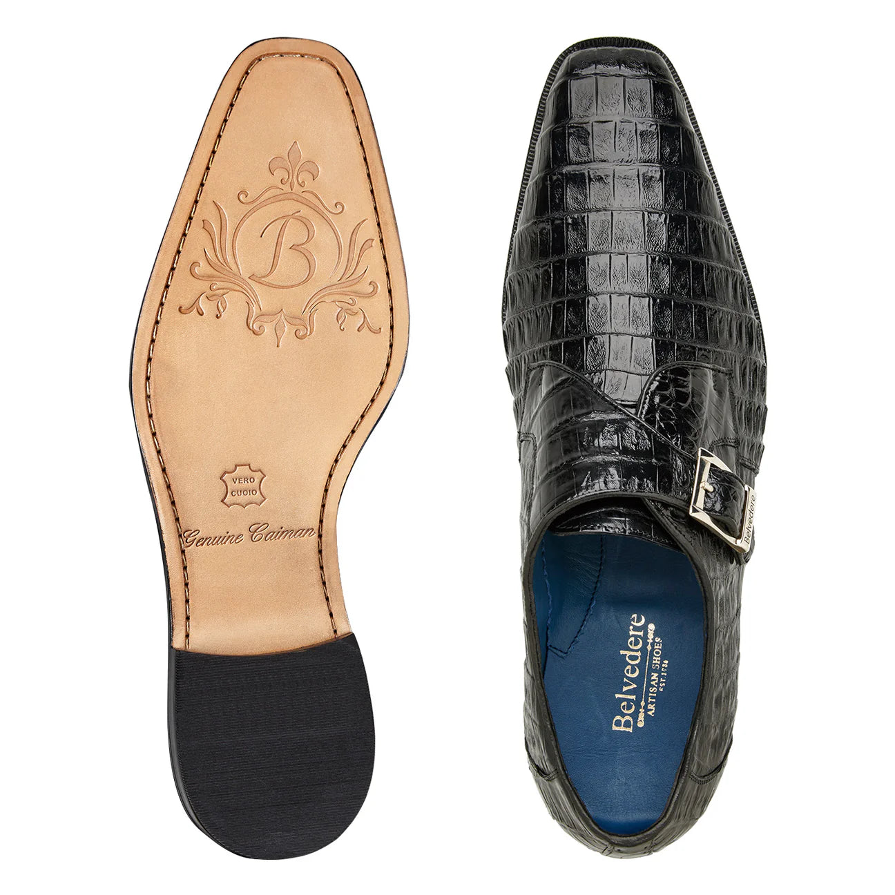 Belvedere Shoes Genuine Caiman Crocodile Single Buckle Monk-strap R99 Angelo Black