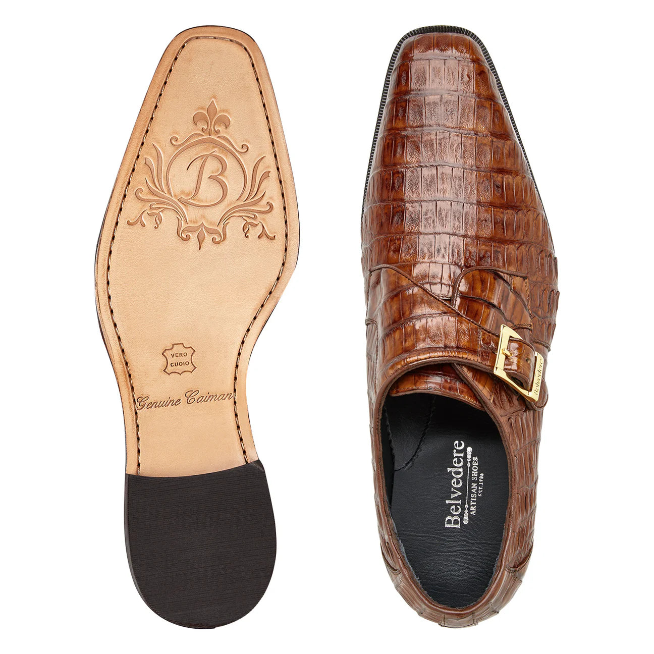 Belvedere Shoes Genuine Caiman Crocodile Single Buckle Monk-strap R99 Angelo Walnut