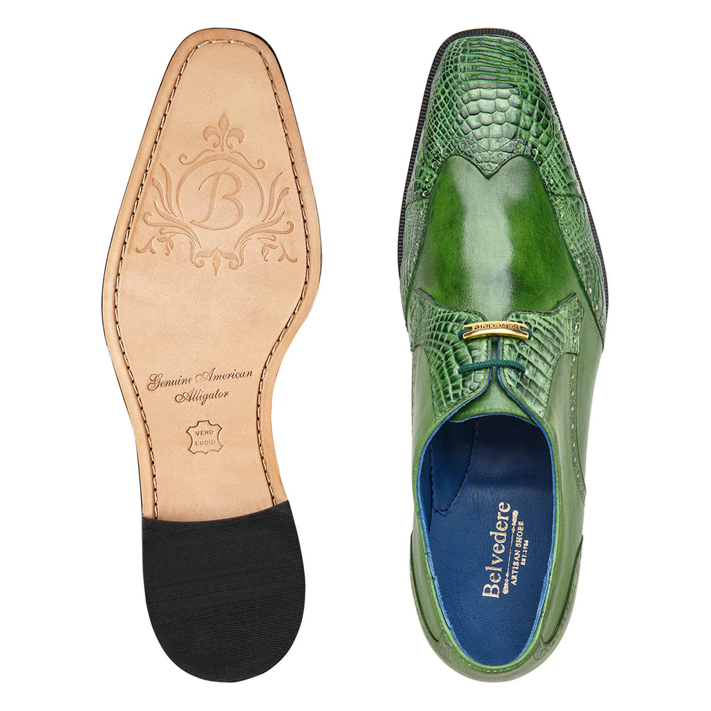 Belvedere Shoes Antonio Genuine Alligator & Italian Calf Wing-tip Emerald R98