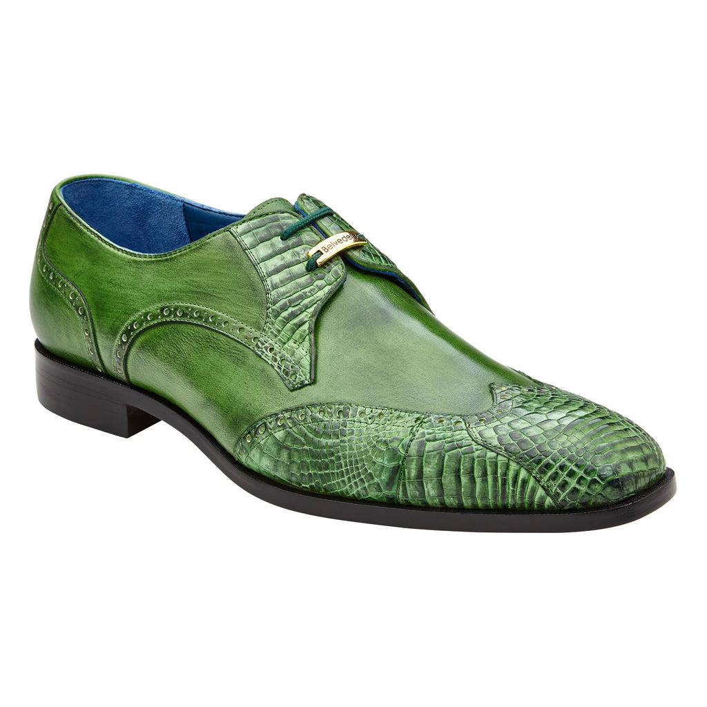 Belvedere Shoes Antonio Genuine Alligator & Italian Calf Wing-tip Emerald R98