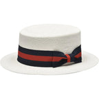 Men's Bruno Capelo Boater Natural Straw Flat Crown Hat BC631 White/Red/Blue