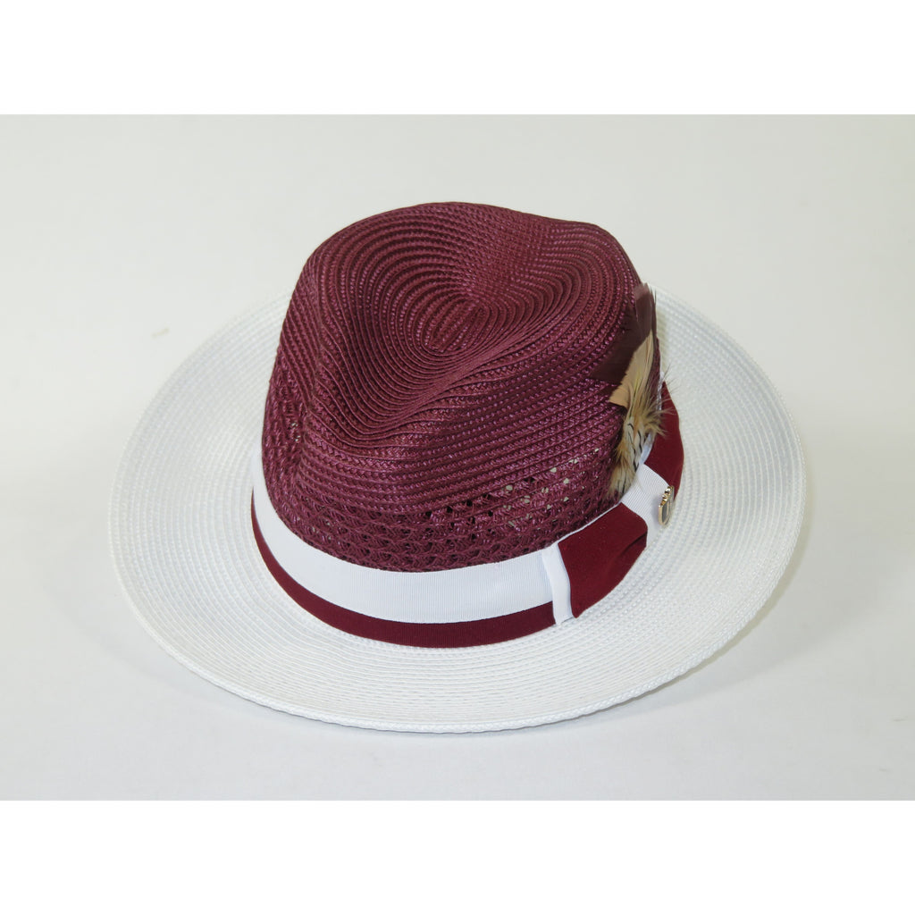 Men's Bruno Capelo Belvedere 2-Tone Straw Style Fedora Hat BD961 Burgundy