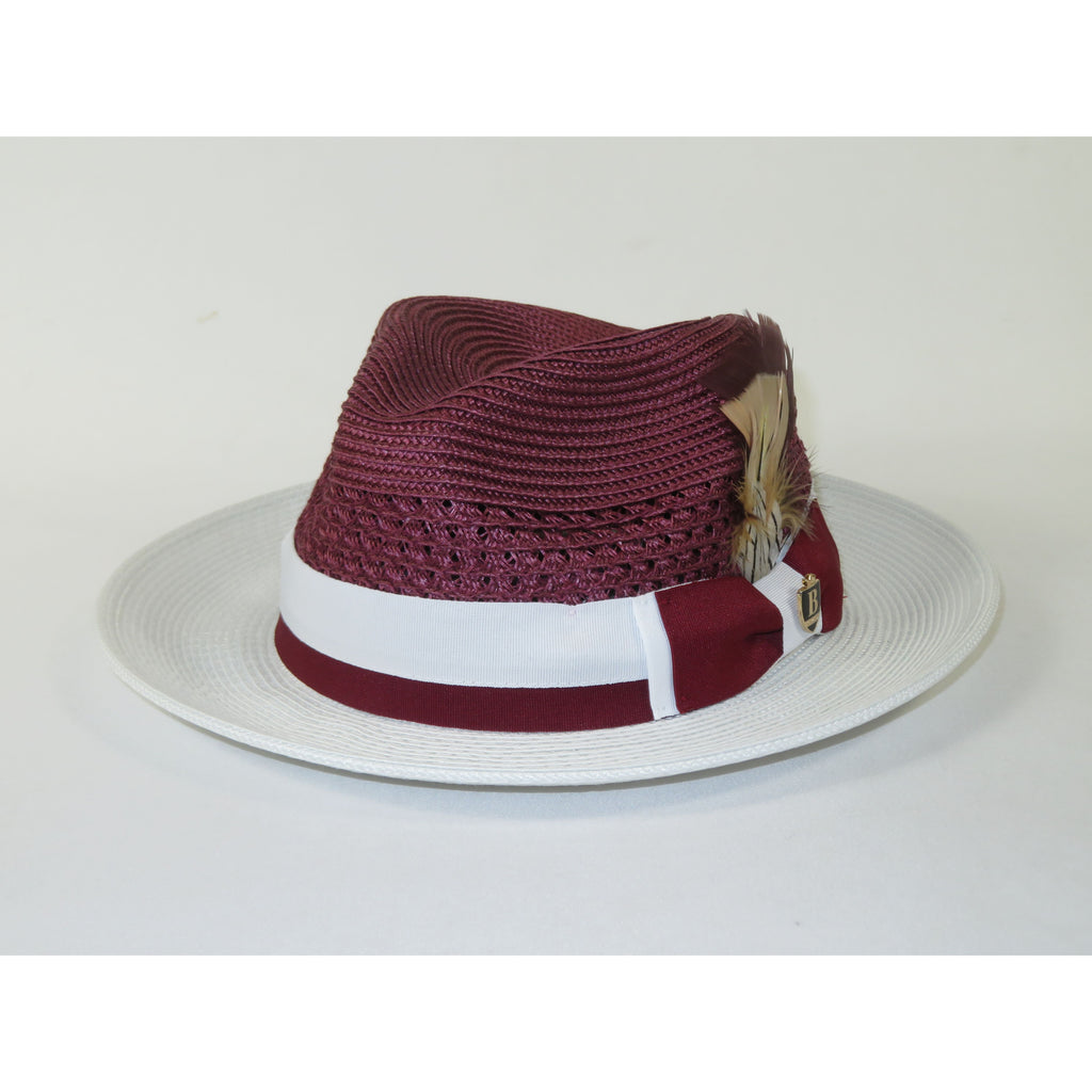 Men's Bruno Capelo Belvedere 2-Tone Straw Style Fedora Hat BD961 Burgundy