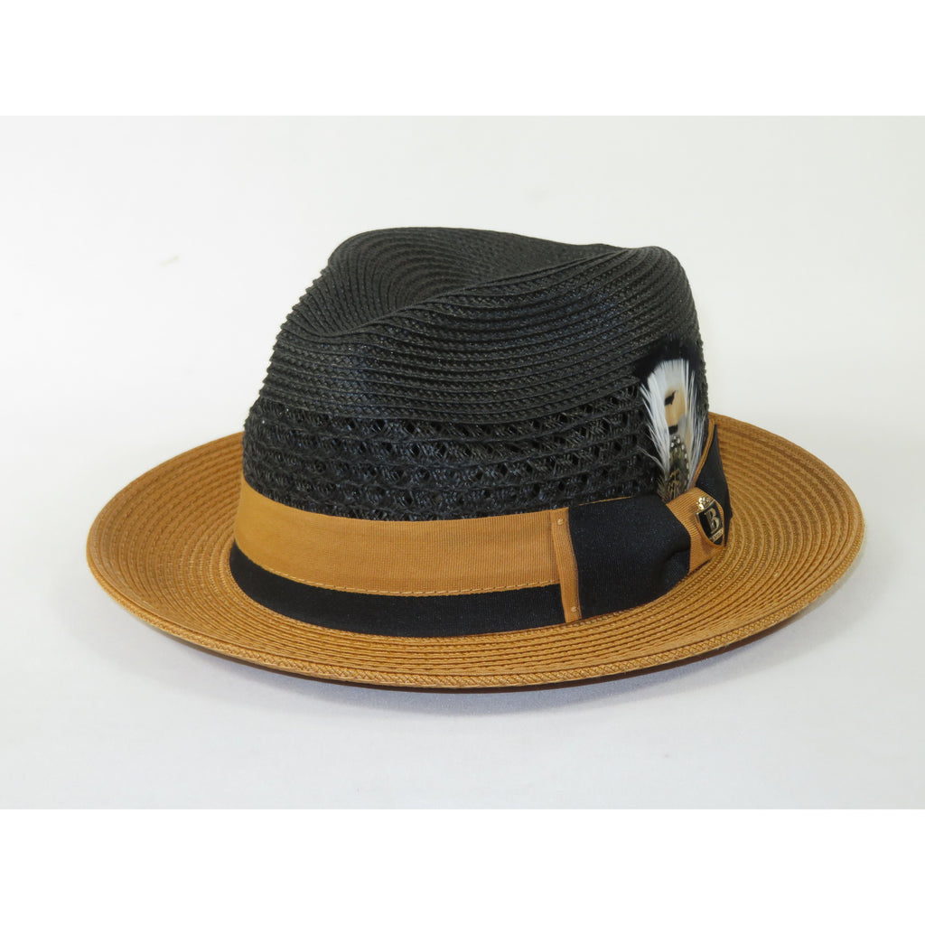 Men's Bruno Capelo Belvedere 2-Tone Straw Style Fedora Hat BD971 Black/Gold