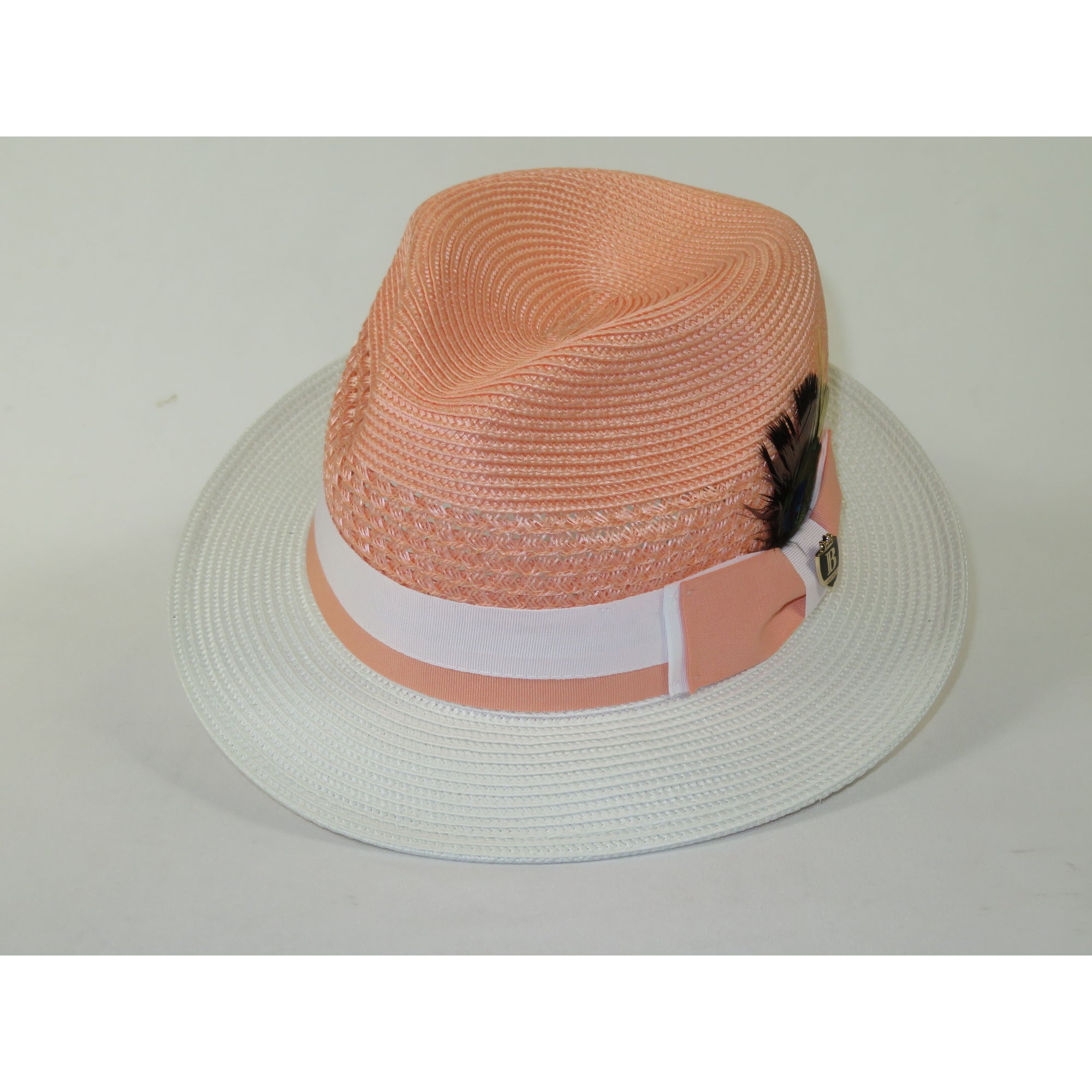 Men's Bruno Capelo Belvedere 2-Tone Straw Style Fedora Hat BD973 Peach/White