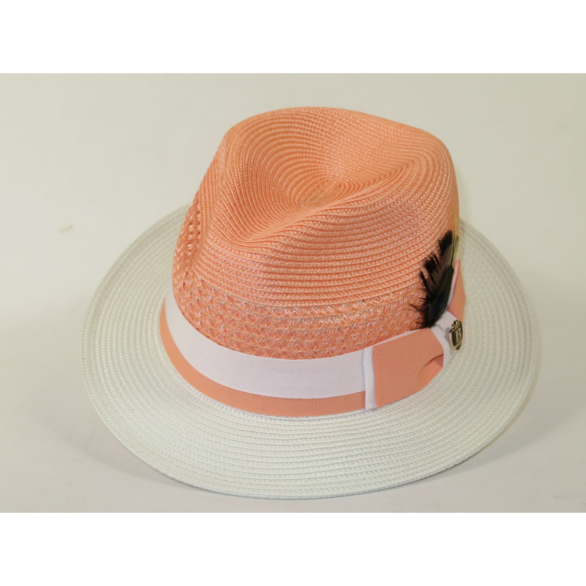 Men's Bruno Capelo Belvedere 2-Tone Straw Style Fedora Hat BD973 Peach/White
