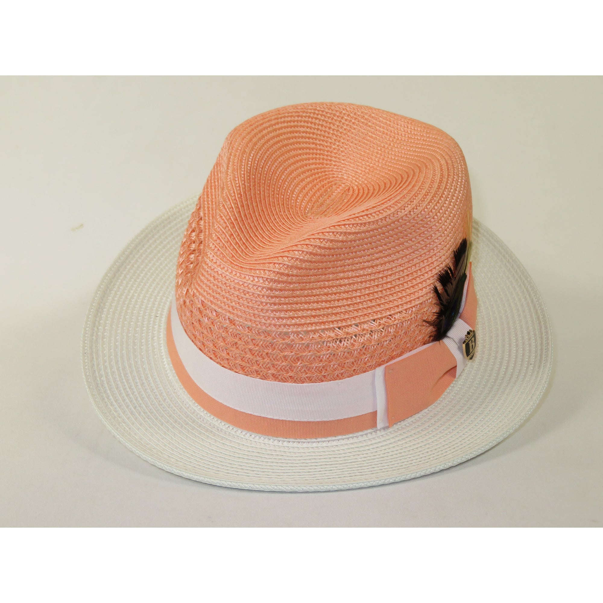 Men's Bruno Capelo Belvedere 2-Tone Straw Style Fedora Hat BD973 Peach/White