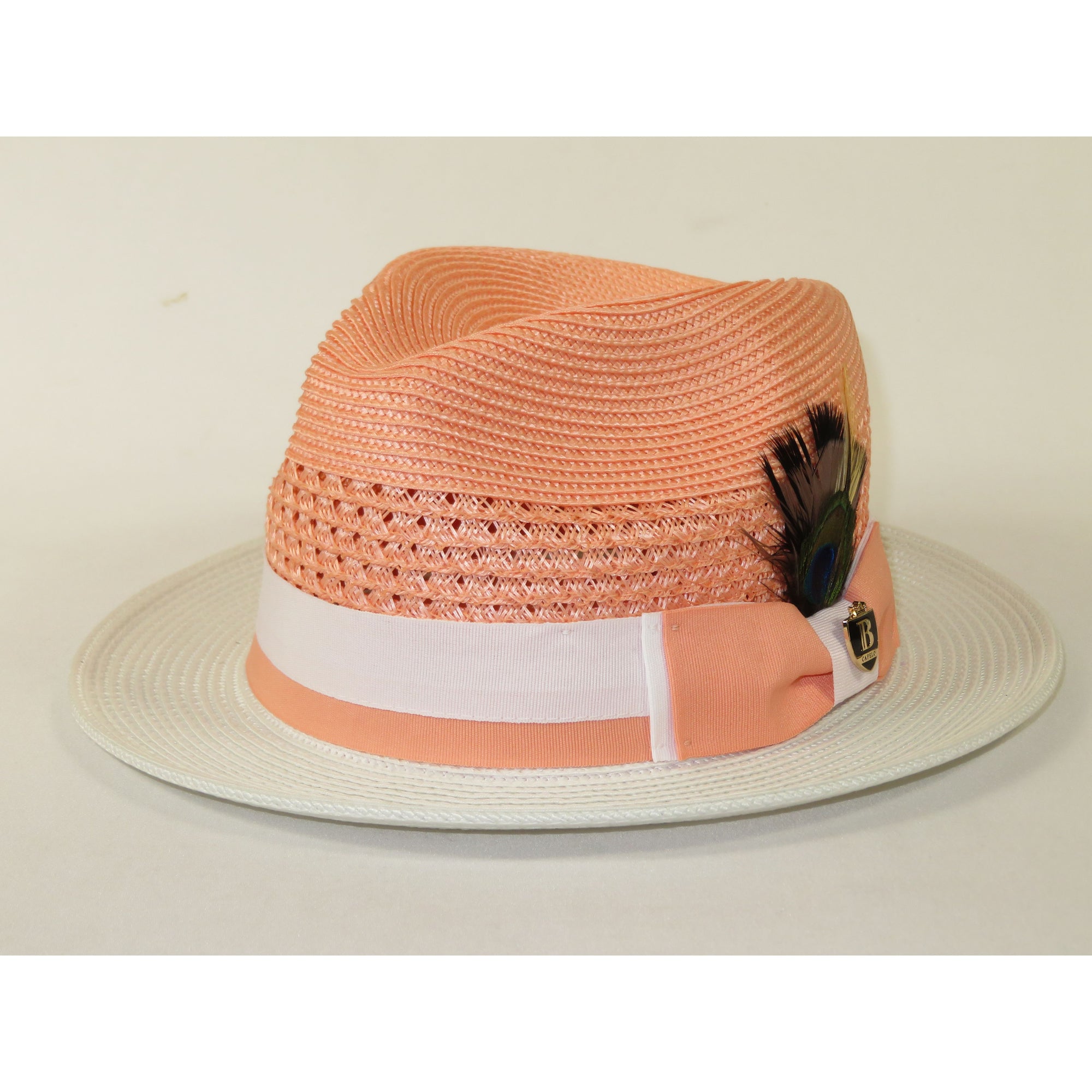 Men's Bruno Capelo Belvedere 2-Tone Straw Style Fedora Hat BD973 Peach/White