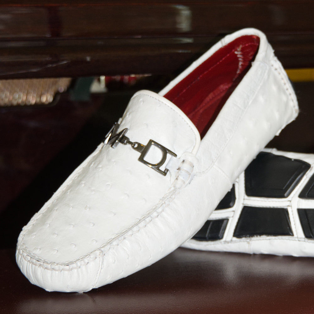 Men's Genuine Ostrich Exotic Driver Shoes Bolonia White