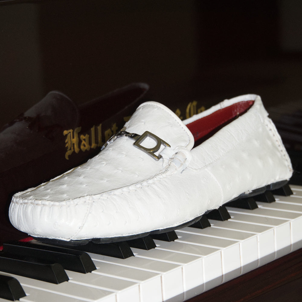 Men's Genuine Ostrich Exotic Driver Shoes Bolonia White