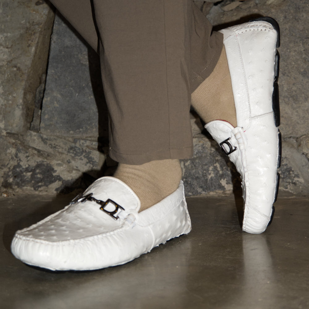 Men's Genuine Ostrich Exotic Driver Shoes Bolonia White