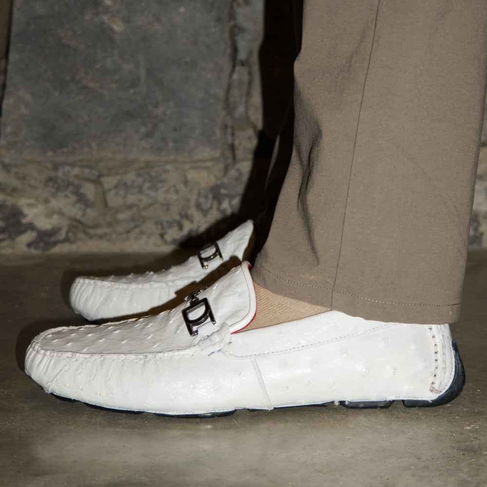 Men's Genuine Ostrich Exotic Driver Shoes Bolonia White